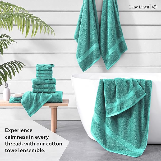 LANE LINEN 100% Cotton Luxury Bathroom Towel Set - 16 Pieces - Ring Spun, Quick Dry, Super Soft & Absorbent - 4 Bath, 8 Washcloths, 4 Hand Towels - Remains Fluffy Even After Multiple Washes - Teal