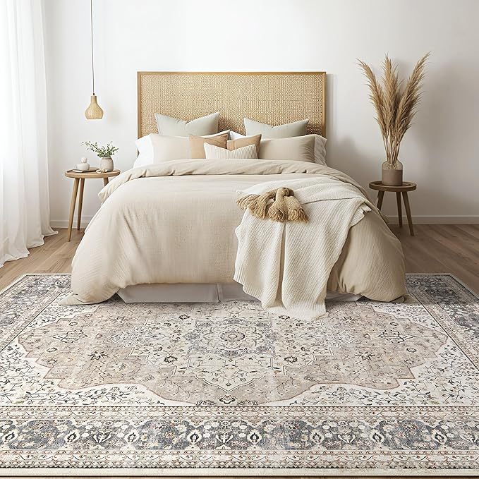 Washable Rug for Living Room - 10x12 Non-Slip Soft Vintage Floral Area Rug for Family Kids & Pet, Stain Resistant Carpet for High Traffic Bedroom Dining Room Teen Dorm Home Decor Aesthetic (Camel)