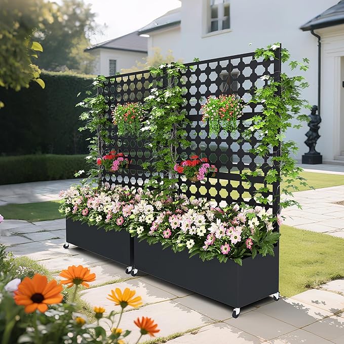 Metal Planter Box with Trellis Privacy Screen, Raised Garden Bed with Dots Trellis & Wheels, Privacy Planters for Patio, Planter Box for Climbing Plants, Flower, 73"x 47"x 16", Black