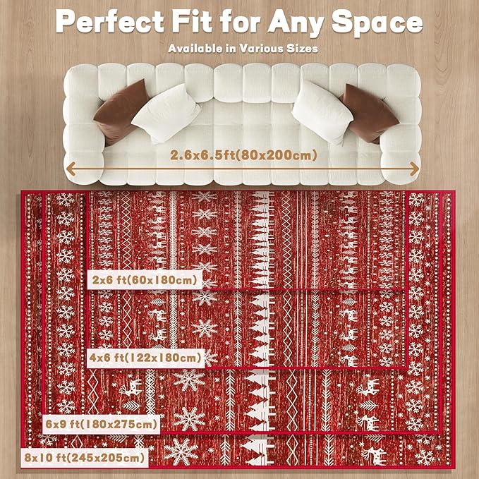 Christmas 4x6 Rug for Living Room: Washable Moroccan Geometric Rug Boho Non Slip Stain Resistant Rugs Low Pile Soft Carpet for Xmas Holiday Decor Kitchen Laundry Room Bedroom (Xmas Red,4'x6')