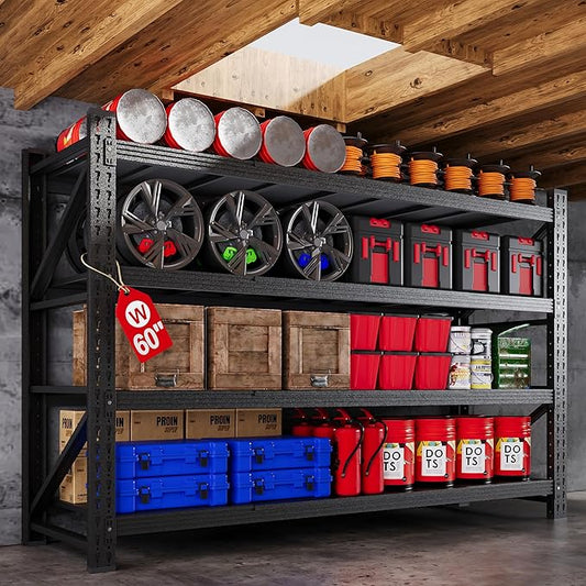60"W Metal Shelving Units, 5000LBS Garage Shelving Heavy Duty, 24" Deep Large Storage Shelves, 4 Tier Tall Steel Industrial Shelving , Adjustable Standing Shelf for Warehouse / Shop 60"W x 24"D x 70"H