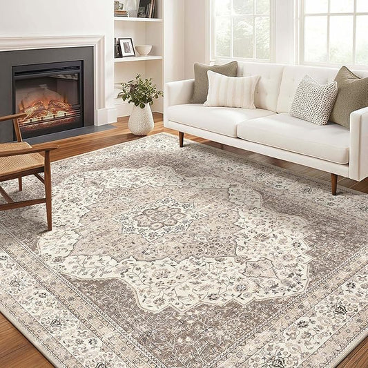 Washable Rug for Living Room - 7x9 Non-Slip Soft Vintage Floral Area Rug for Family Kids & Pet, Stain Resistant Carpet for High Traffic Bedroom Dining Room Teen Dorm Home Decor Aesthetic (Brown/Beige)