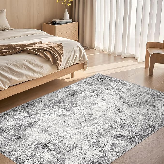 4x6 Area Rug Living Room Rugs - Washable Neutral Modern Abstract Soft Thin Rug Indoor Floor No Slip Rug Carpet for Bedroom Under Dining Table Home Office Decor - Grey