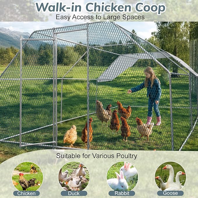 VINGLI Chicken Coop, Large Metal Poultry Cage for Chicken Run, Walk-in Chicken Pen with Waterproof & Anti-UV Cover Outdoor (Silver-Flat Roof, 19.7 * 9.8 * 6.5 ft)