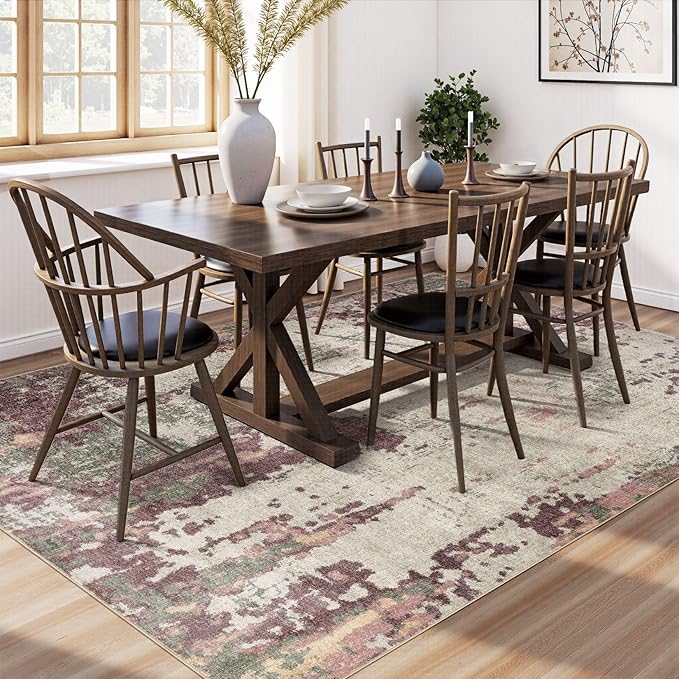 9x12 Area Rug Living Room Rugs - Washable Neutral Modern Abstract Soft Thin Rug Indoor Floor No Slip Rug Carpet for Bedroom Under Dining Table Home Office Decor - Purple/Green/Beige