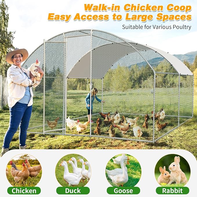 VINGLI Chicken Coop, Large Metal Poultry Cage for Chicken Run, Walk-in Chicken Pen with Waterproof & Anti-UV Cover Outdoor (Silver-Dome Roof, 13.1 * 9.8 * 6.5 ft)
