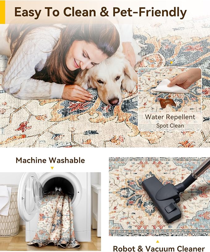 Area Rugs 2'x10' Washable Non-Slip, Floral Vintage Distress Print Pattern Medallion Carpet for Living Room Bedroom Dining Room, Beige Navy Blue Orange Colorful