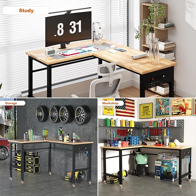 Betterhood 48"/60" Heavy-Duty Adjustable Workbench for Garage, Rubber Wood Shop Table,Hardwood Workstation Weight Capacity Over 1500 Lbs (L Shape/Rubber Pad/Power Outlets/Ruler/57.1" x47.2)