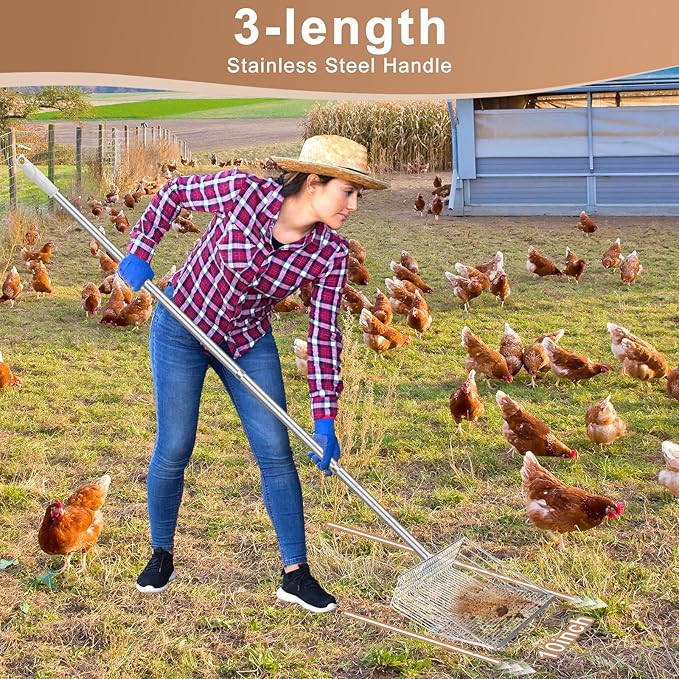 YUMEKA 10inch Large Chicken Poop Scooper,3-in-1 Detachable Tool (36 to 63 inches),Stainless Steel coop Scoop, Poop Shovel for Chicken Coop Accessories,Metal Litter Scoop,Chicken coop Cleaning Tools.