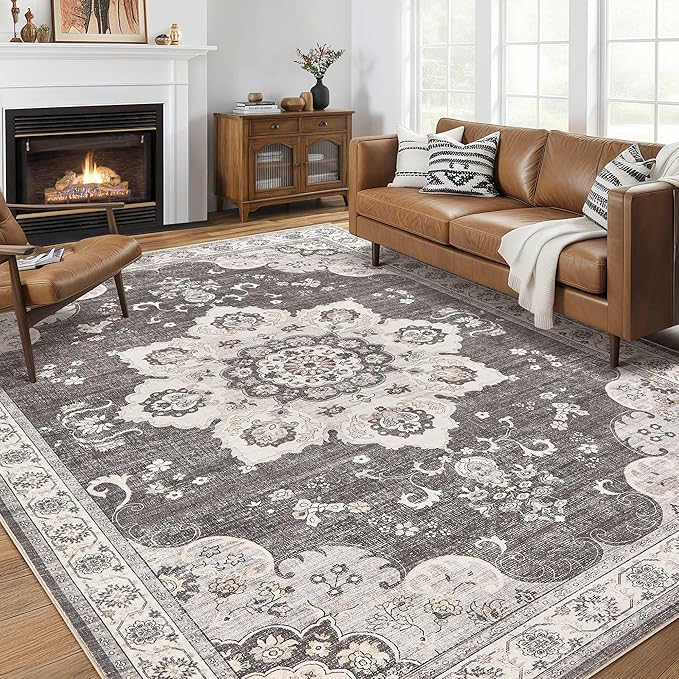 Area Rug for Living Room - 9x12 Soft Washable Oriental Vintage Floral Distressed Large Carpet - Fade Stain Resistant Non Slip Rugs for Bedroom Dining Room Nursery Dorm Office Home Decor - Brown/Grey