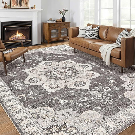Area Rug for Living Room - 8x10 Soft Washable Oriental Vintage Floral Distressed Large Carpet - Fade Stain Resistant Non Slip Rugs for Bedroom Dining Room Nursery Dorm Office Home Decor - Brown/Grey