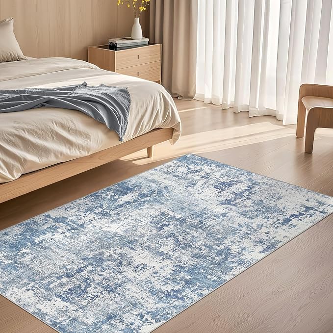 3x5 Area Rug Living Room Rugs - Washable Neutral Modern Abstract Soft Thin Rug Indoor Floor No Slip Rug Carpet for Bedroom Under Dining Table Home Office Decor - Blue White