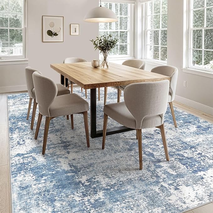 5x7 Area Living Room Rugs - Washable Neutral Modern Abstract Soft Thin Rug Indoor Floor No Slip Rug Carpet for Bedroom Under Dining Table Home Office Decor - Blue White
