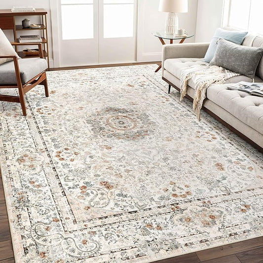 5x7 Area Rugs Washable,Boho Rug for Living Room Bedroom Kitchen,Large Vintage Bohemian Distressed Carpet Non Slip,Beige