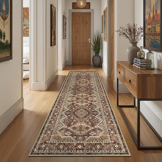 Rugland 2'6x8' Runner Rug, TPR07-Rust, Vintage Tribal, Stain Resistant, Anti-Slip Backing, Machine Washable, Low Pile, Indoor, Rug