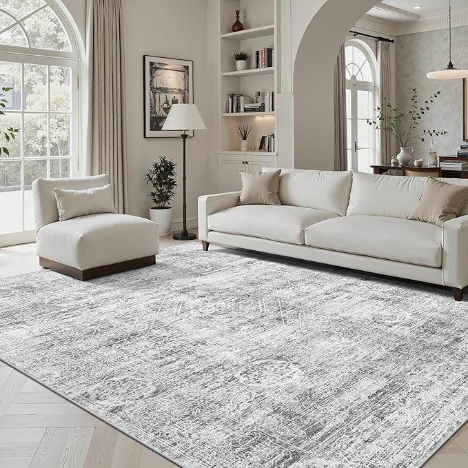Madane 5x7 Area Rugs for Living Room, Washable Vintage Grey Rug with Non-Slip Backing, Soft Floral Print Throw Rugs Floor Low Pile Carpet for Bedroom Dining Room