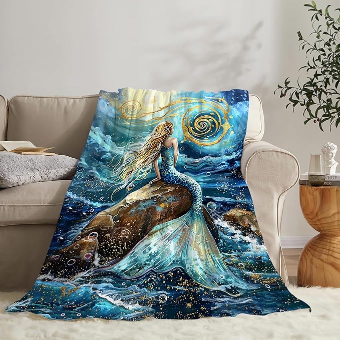 Mermaid Blanket Gifts for Girls Boys Soft Warm Plush Little Mermaid Coastal Ocean Throw Blanket Flannel Fleece Fuzzy Blankets for Kids Lover Bed Couch Living Room Decor 60"X50"