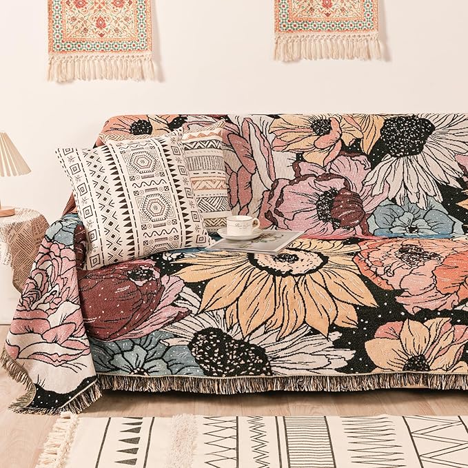 Boho Throw Blanket for Bed Couch Sofa Reversible Cotton Bohemian Travel Boho Quilt Mexican Muslin Blanket Tapestry Hippie Room Decor Outdoor Blanket Double Sided (Boho Flower Dark 70"x90")