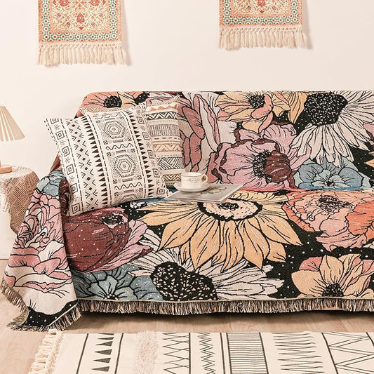 Boho Throw Blanket for Bed Couch Sofa Reversible Cotton Bohemian Travel Boho Quilt Mexican Muslin Blanket Tapestry Hippie Room Decor Outdoor Blanket Double Sided (Boho Flower Dark 60"x80")