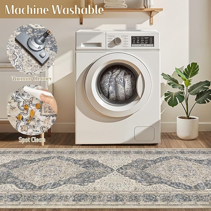 Washable 3x14 Hallway Runner Rug - Vintage Floral Stain & Fade Resistant Non-Slip Backing Ultra-Thin Long Carpet for Entryway, Bedroom, Kitchen, Corridor Decor(Blue/Beige)