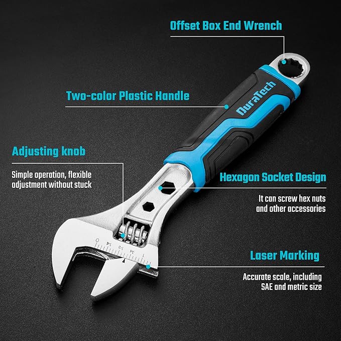 DURATECH 8 Inch Adjustable Wrench, 3-in-1 Spanner with Box End/Hex Function, CR-V Steel, Metric & SAE Scales, Chrome-plated, Bi-material soft Grip
