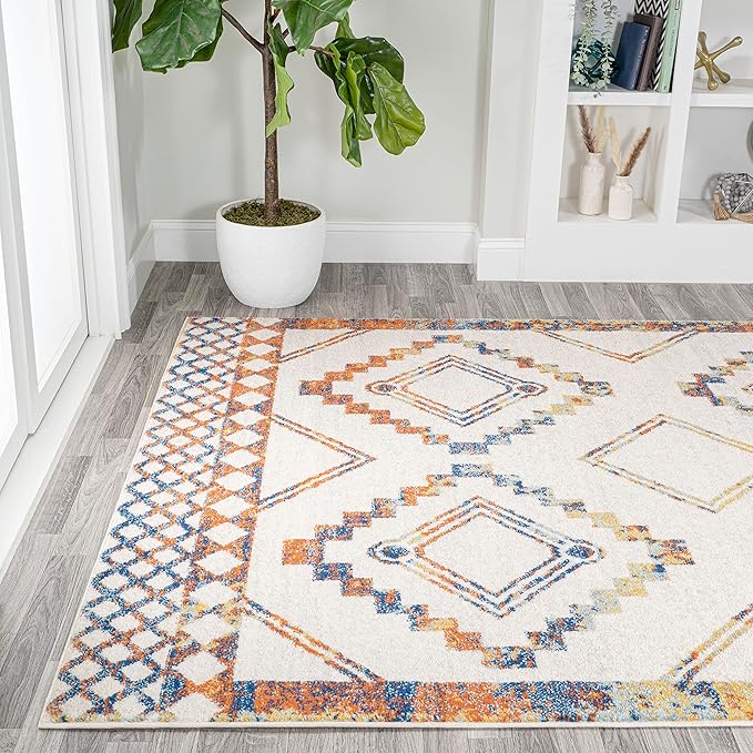 JONATHAN Y Amir Moroccan Beni Souk Ivory/Blue/Orange Indoor Area Rug, 3x5, Bohemian, Scandinavian, Easy-Cleaning for Living Room, Bedroom, Kitchen, Pet Friendly, Non-Shedding (MOH200E-3)