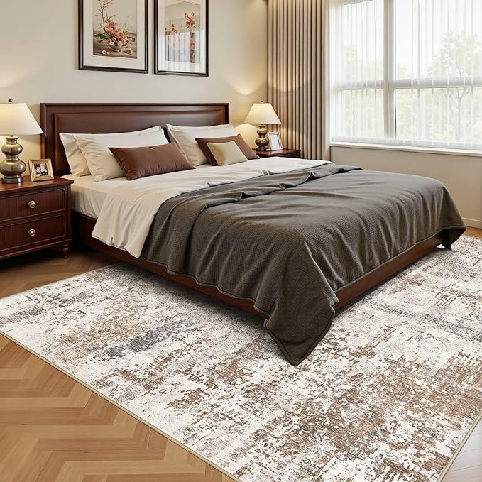 Area Rug Living Room Rugs - Washable Neutral Modern Abstract Soft Thin Rug Indoor Floor No Slip Rug Carpet for Bedroom Under Dining Table Home Office Decor - Brown/Grey/Red - 10x14