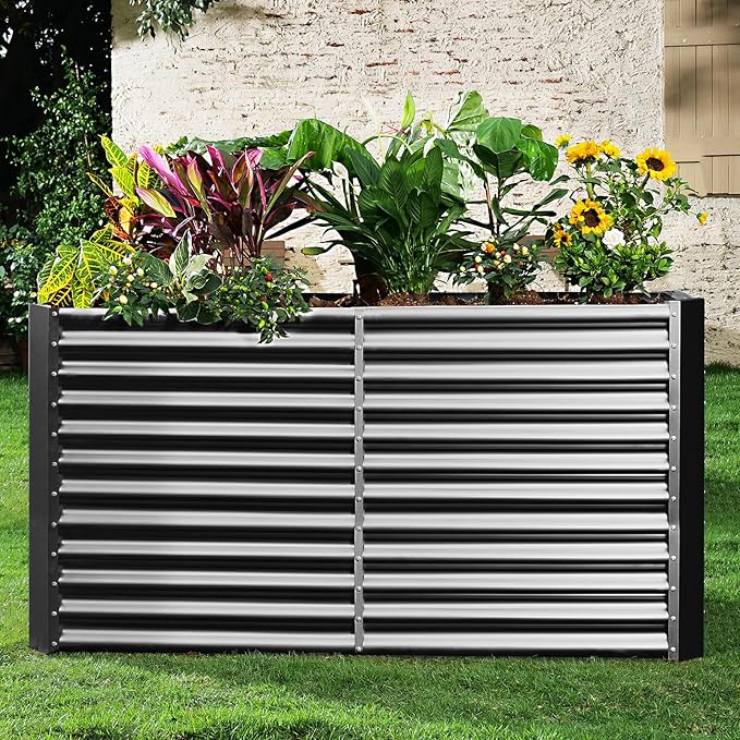 Land Guard 8x4x3ft Rectangular Galvanized Raised Garden Beds, Large-Capacity Metal Planter Box Outdoor, Durable Deep Raised Garden Bed 3ft Tall, Raised Beds for Gardening Vegetables, Modern Gray
