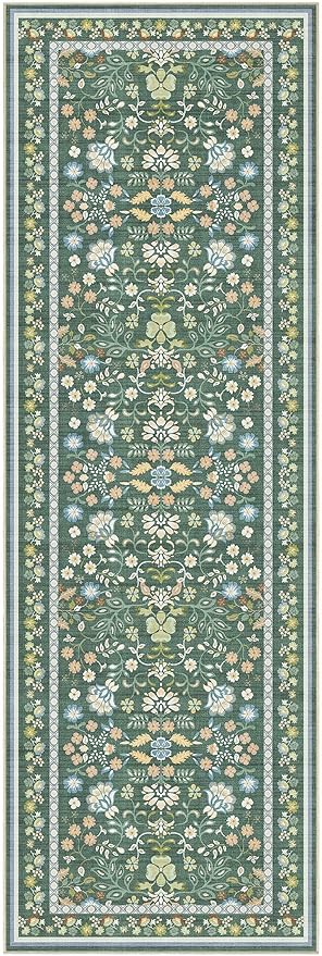 Runner Rug for Hallways Kitchen: 2x6 Washable Area Rug Boho Floral Soft Long Rug - Non-Slip Low Pile Throw Indoor Carpet for Entryway Kitchen Bedroom Laundry Bathroom - Green