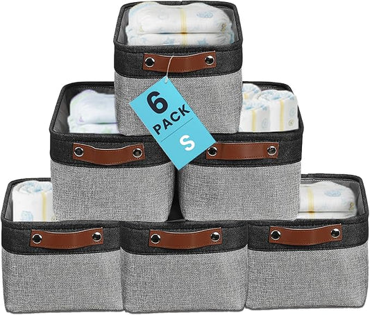 OrganiHaus Small Fabric Storage Baskets for Shelves 6 Pack, 12x8in Closet Storage Bins for Shelves, Cloth Baskets for Organizing, Linen Closet Organizers, Fabric Basket, Gray/Black