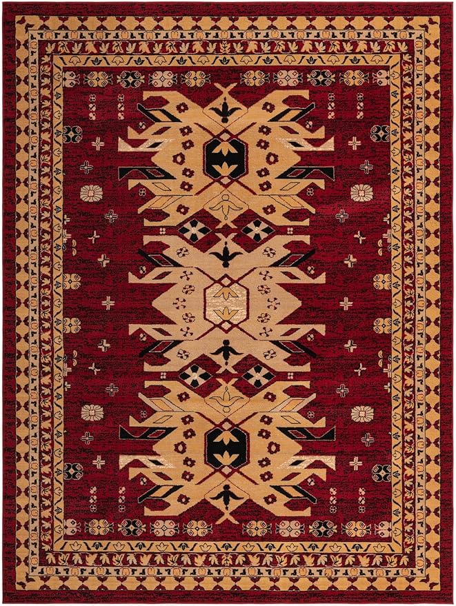 Unique Loom Taftan Collection Border Geometric Tribal Inspired Design Area Rug (9' 10 x 13' 0 Rectangular, Red/ Gold)