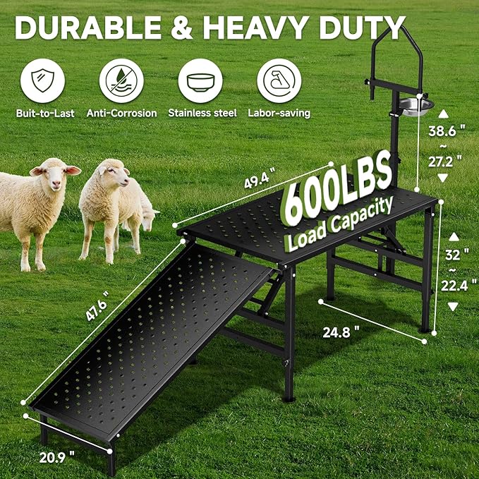 Professional Goat Milking and Trimming Stand with Ramp, Sheep and Goat Grooming Platform, Livestock Care Equipment (Black with Ramp)