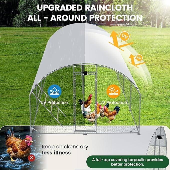 Chicken Coop Large Metal Chicken Run with Full-Top Waterproof Cover - Chicken House for 32/40 Chickens, Poultry Cage with Solar Light, Backside Poles, Walk-in Pen for Rabbits Ducks Yard 4 Room