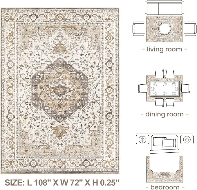 Area Rug for Living Room - 6x9 Soft Washable Oriental Vintage Floral Distressed Large Carpet - Fade Stain Resistant Non Slip Rugs for Bedroom Dining Room Nursery Dorm Office Home Decor-Camel/Beige