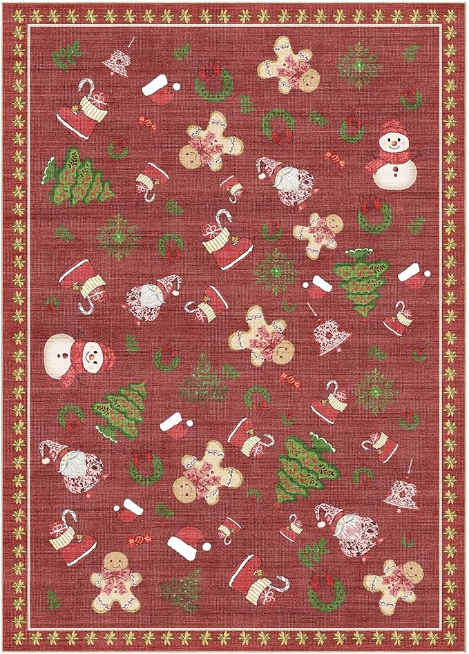 Washable Christmas Area Rug: 3x5 Neutral Modern Festive Carpet - Non-Slip Soft Thin Low Pile Throw Indoor Rugs for Bedroom Kitchen Entrance Living Room - Red
