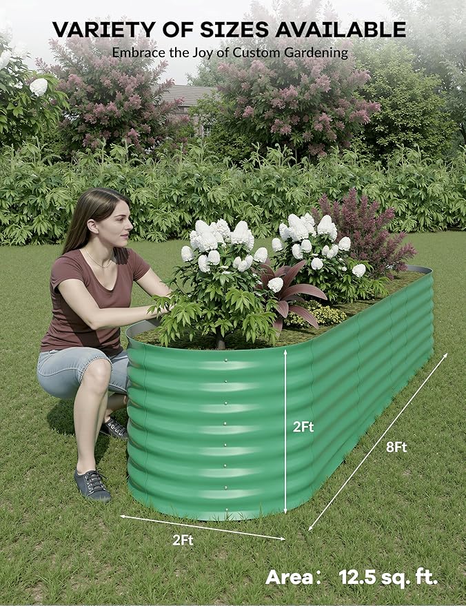 GarveeLife 8x2x2 ft 2-Pack Raised Garden Bed - Galvanized Steel Outdoor Planter Box for Vegetables, Flowers & Herbs - Durable Rust-Resistant Garden Box, Easy Assembly Raised Beds for Gardening,Green