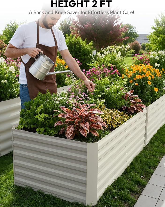 2pcs 8x4x2 ft Galvanized Raised Garden Bed, 24" Tall Metal Planter Box for Flowers Herbs Vegetables, Rust-Resistant Raised Garden Beds for Gardening, Easy Assembly Outdoor Garden Box & Planters, Beige