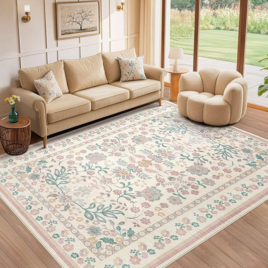 7x9 Area Rug Living Room Rugs - Washable Boho Vintage Floral Large Soft Non Slip Thin Rug Low Pile Carpet for Bedroom Dining Room Kids Playroom Office Decor Indoor- Pink