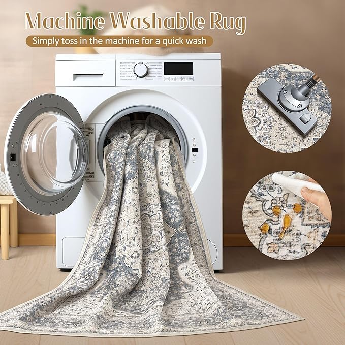 Washable 5 Ft Round Area Rug - 5x5 Area Rugs for Living Room Bedroom Dining Room Home Office Floor Decor- Vintage Floral Stain & Fade Resistant Non-Slip Backing Carpet(Blue/Beige)
