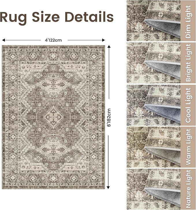 Rugland 4x6 Rug - Stain Resistant Washable Rug, Anti Slip Backing Rugs for Living Room, Vintage Tribal Area Rugs (TPR07-Ivory, 4'x6')