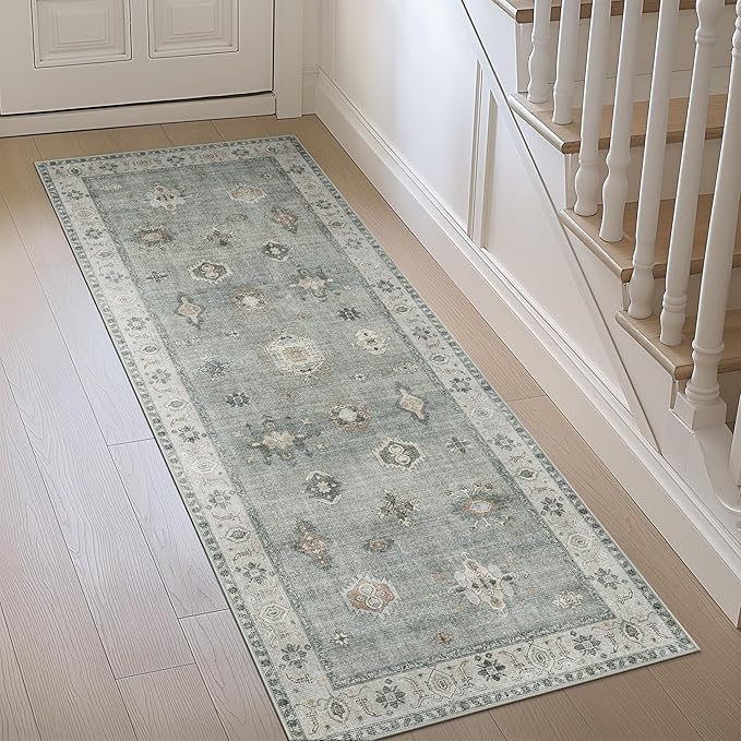 GENIMO 2x5 Runner Rugs for Hallway, Machine Washable Non Slip Vintage Retro Rugs, Low Pile Lightweight Chenille Print Rug for enrtyway, Corridor, Home Office, Bluish Gray