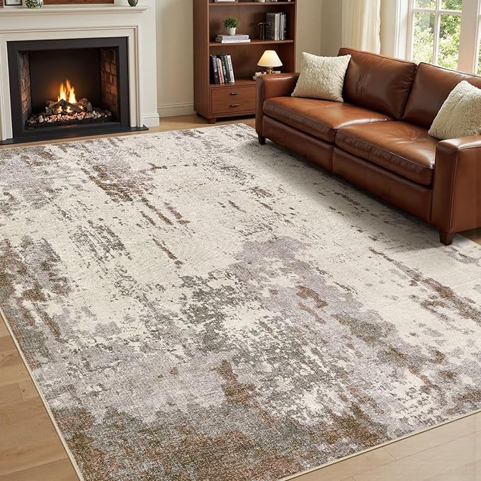 Area Rug Living Room Rugs-Washable Neutral Modern Abstract Soft Thin Large Rug Indoor Floor No Slip Rug Carpet for Bedroom Under Dining Table Home Office Decor-Brown/Grey/Beige-7'x 9'