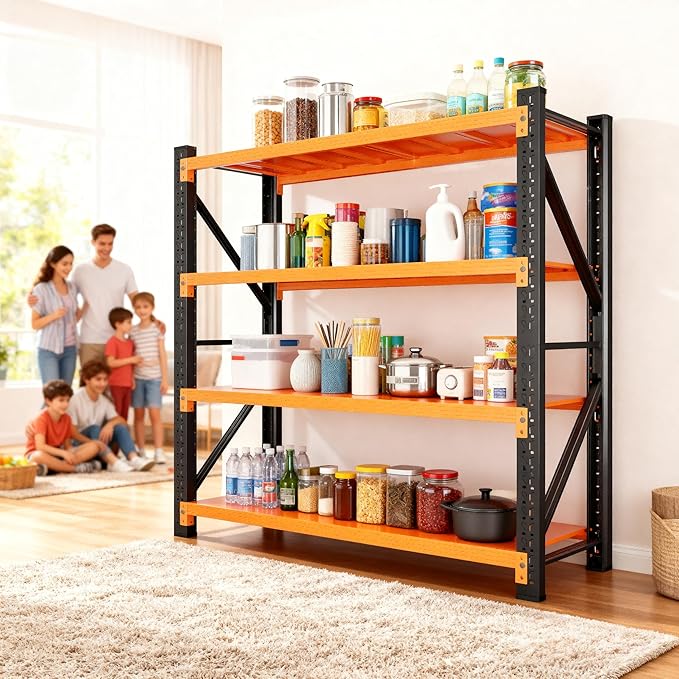 4-Tier Storage Shelves,79" H Heavy-Duty Garage Shelving Unit,Adjustable Metal Industrial Shelf System,4,000lbs Capacity,Tool Organizer for Garage,Workshop,60" W x 20" D x 79" H,Black&Orange