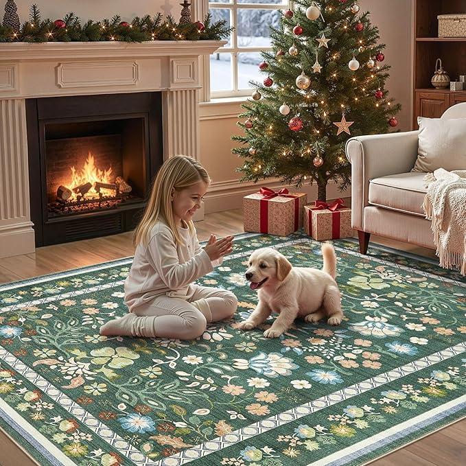 5x7 Area Rug Living Room Rugs - Washable Boho Vintage Floral Large Soft Non Slip Thin Rug Low Pile Carpet for Bedroom Dining Room Kids Playroom Office Decor Indoor- Green