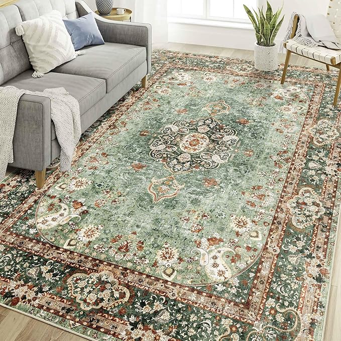 6x9 Area Rugs Washable,Green Rug for Living Room Bedroom Kitchen,Large Boho Vintage Bohemian Distressed Oriental Carpet Non Slip