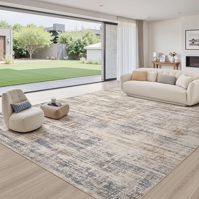 Area Rug for Living Room: 8x10 Washable Neutral Abstract Modern Soft Rugs Non Slip Indoor Floor Stain Resistant Large Carpet for Bedroom Dining Room Office Nursery - Brown