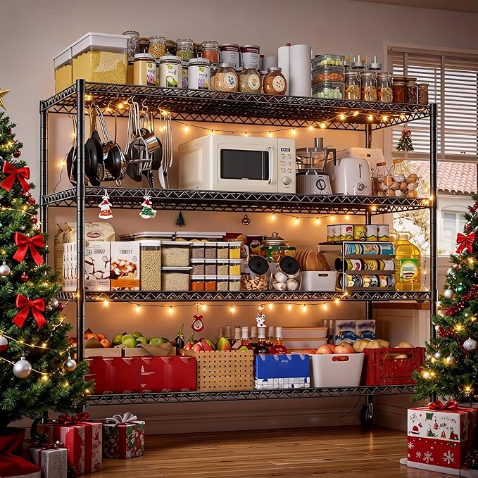 REIBII 75.6" H Storage Shelves Metal Shelving Unit with Wheels 55''W Garage Shelving Heavy Duty Wire Shelves for Storage Rack Adjustable Pantry Shelf Commercial Shelving, 75.6" H X 55.5''W X 24" D