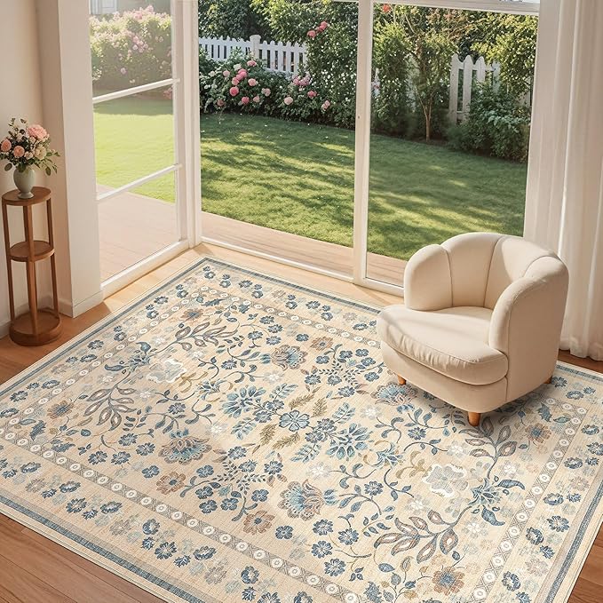10x12 Area Rug Living Room Rugs - Washable Boho Vintage Floral Large Soft Non Slip Thin Rug Low Pile Carpet for Bedroom Dining Room Kids Playroom Office Decor Indoor- Multi Color