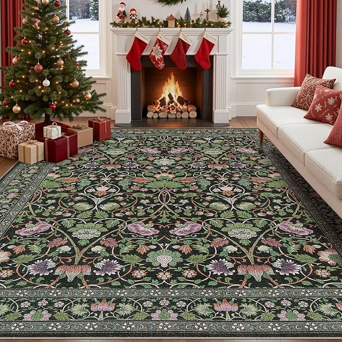 8x10 Area Rug Living Room Rugs - Washable Boho Vintage Floral Large Soft Non Slip Thin Rug Low Pile Carpet for Bedroom Dining Room Kids Playroom Office Decor Indoor- Green Dark