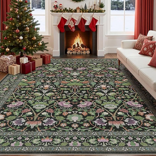 8x10 Area Rug Living Room Rugs - Washable Boho Vintage Floral Large Soft Non Slip Thin Rug Low Pile Carpet for Bedroom Dining Room Kids Playroom Office Decor Indoor- Green Dark